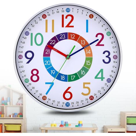 Orologio da parete didattico per bambini, Ø 30 cm, orologio da parete colorato e silenzioso con numeri 3D facili da leggere, orologio da parete digitale per la scuola, la camera dei bambini, il soggio