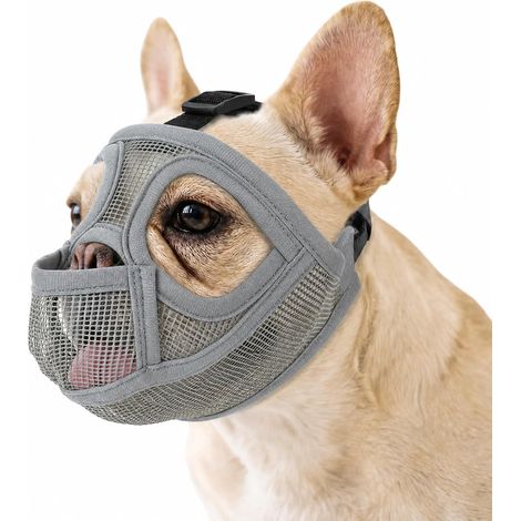 French Bulldog Muzzle Short Snout Breathable Mesh Grey M Adjustable Straps (1/5)