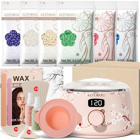 chauffe cire epilation avec 600 g de perles de cire et bol silicone Avec 600 g de perles de cire, bol en silicone, spatule en silicone et 44 accessoires, machine à cire qualité salon chez Hmoe (1/5)