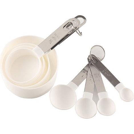 Set di 8 misurini. Include 4 misurini e 4 cucchiai dosatori con manici in acciaio inossidabile. Set di misurini e cucchiai dosatori in plastica per liquidi. (1/5)