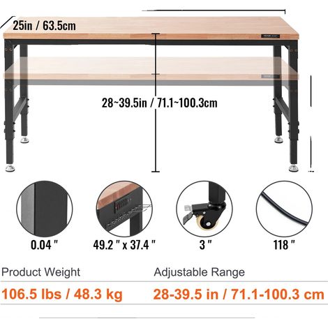 Établi mobile, hauteur réglable, construction durable, 72 x 25 en 3000lbs (1/2)