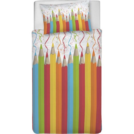 Parure de lit 1 Personne 100% Coton, avec Sac 155 x 200 cm et 1 taie d'oreiller 52 x 82 cm, fabriquée en Italie, Housse de Couette Lavable en Machine à 40 °, Fantaisie Crayons (1/2)