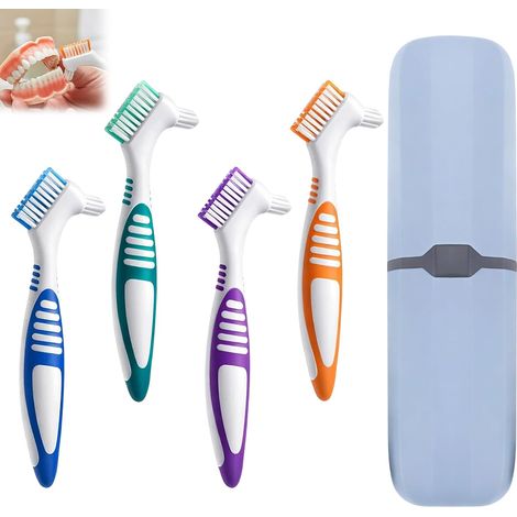 4 Brosses de Nettoyage Portables pour Prothèses Dentaires, Set de Brosses à Dent Portable (4 Couleurs) avec 1 Boîte, Brosse Double Face pour L'Entretien des Prothèses Dentaires (1/5)