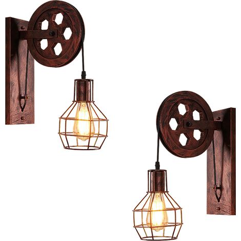 2X Applique, Lampada da Parete in Ferro Industriale Stile, Creativo Illuminazione Puleggia Edison E27 per Cucina Isaland Camera da Letto (Ruggine Rossa)