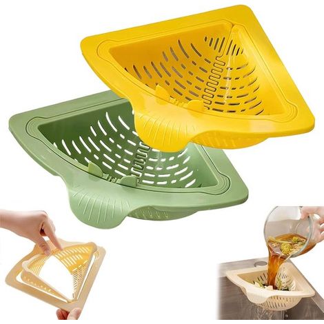 Paquete de 2 cestas magnéticas triangulares para desagüe, desatascador de fregaderos de esquina, cestas de filtro magnéticas de gran capacidad, no requieren perforación (verde + amarillo). (1/4)