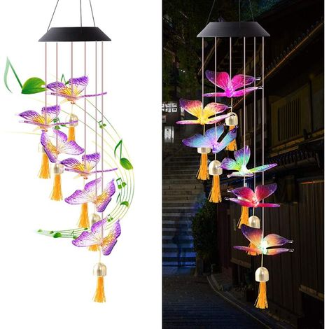 Papillons Carillon De Vent Solaire, Lumieres Changeantes De Couleur, Led Decoratives, Lumieres Solaires Exterieures Impermeables Pour La Maison / Cour / Patio / Jardin / Cadeau De Maman (1/4)