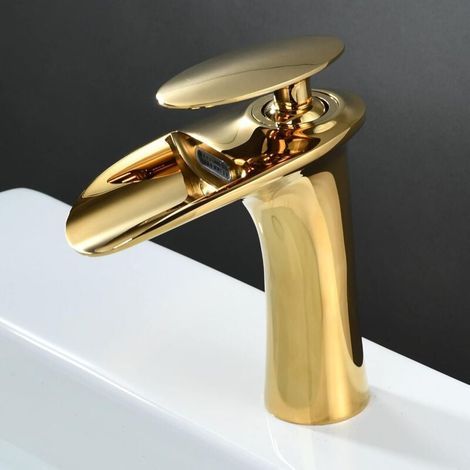 Robinet Salle de Bain Cascade Mitigeur de Lavabo Bec Haut pour Vasque Robinet Lavabo - Or (1/4)