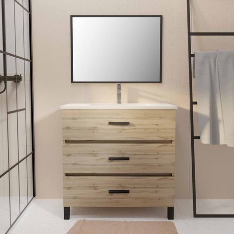 meuble de salle de bain 80 cm - chêne industriel - 3 tiroirs - vasque et miroir