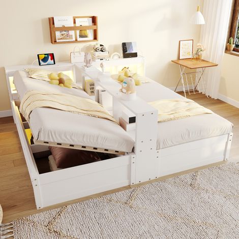 Cama multifuncional 90/180x200 cm de MDF blanco, con cabecero LED, enchufes integrados y arcón hidráulico (1/5)