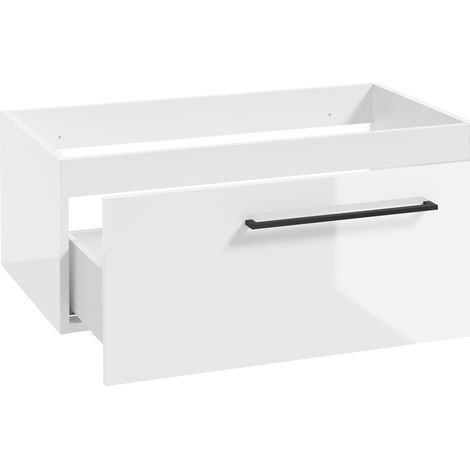 Waschtischunterschrank mit Metallgriff in schwarz, 80 cm breit mit 1 Schubkasten, in weiß Hochglanz lackiert MESSINA-107, B/H/T: ca. 80/30/45 cm (1/4)