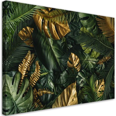 Quadro su tela, Foglie tropicali dorate - 60x40 (1/4)