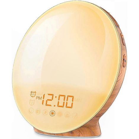 Réveil lumineux effet lever de soleil avec éclairage coloré à intensité variable et écran complet - Finition bois - Prise européenne (1/5)