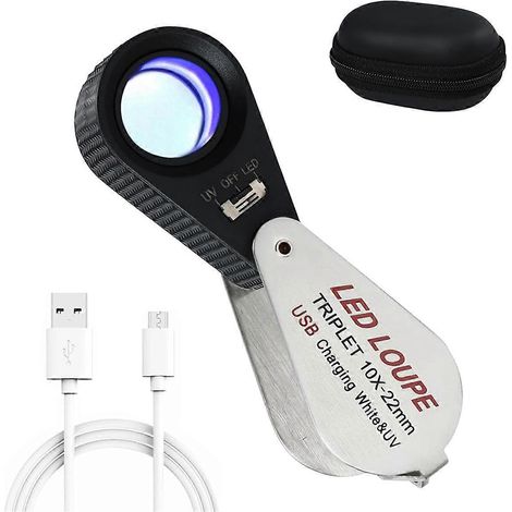10-fache Juwelierlupe mit UV- und LED-Beleuchtung, wiederaufladbare 10-fache Lupe, 22-mm-Triplettlinse aus optischem Glas, Juwelierlupe (1/5)