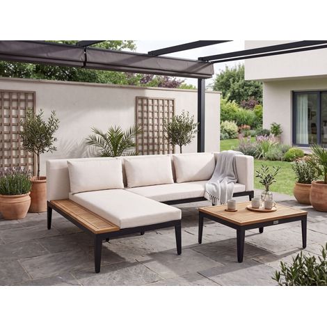 Conjunto de jardín 3 plazas de madera de acacia certificada sofá esquinero con mesa de centro cojines beige claro derecho Bracciano (1/5)