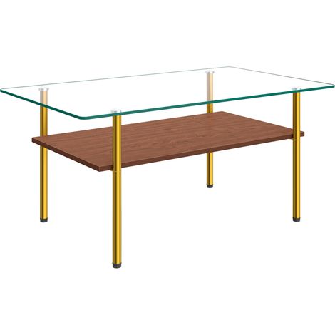 Table basse rectangulaire avec plateau en verre trempé et étagère MDF finition bois, structure métallique dorée, 98x58x45 cm (1/5)