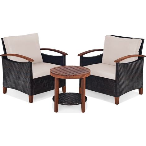 3pcs Rattan Chair Set Patio Conversation Sofa Set w/ Wooden Coffee Table (1/5)