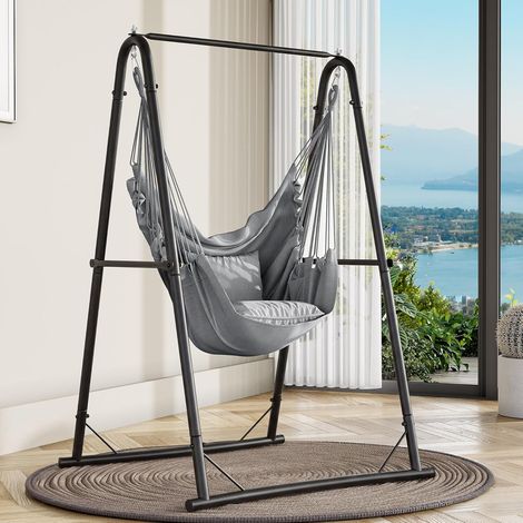 Fauteuil suspendu avec cadre 105 x 93 x 160 cm, structure stable en acier, support pour hamac avec balançoire suspendue, charge maximale 150 kg, chaise à bascule avec 2 crochets et 2 coussins (1/5)