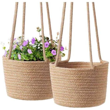 Lot de 2 paniers suspendus en macramé – Corde de coton naturel – Dimensions 20x20x15cm – Décoration intérieure et extérieure (1/5)