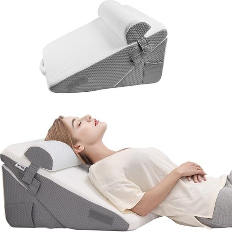 Coussin Incliné de Lit Ensemble Oreiller Triangulaire Demi-Lune Mousse 25D Gel 30D Housse Jacquard Blanc Gris (1/5)