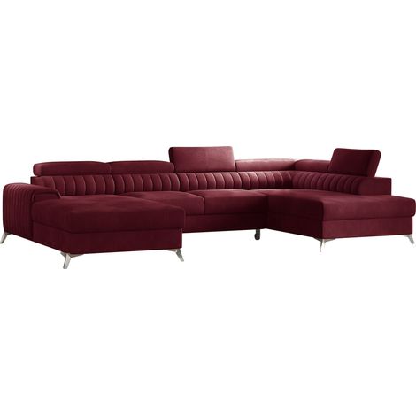 Canapé en U convertible KALANTE velours - Coffre de rangement et appuie-têtes réglables à droite-Rouge cerise-Coffre à droite (1/5)