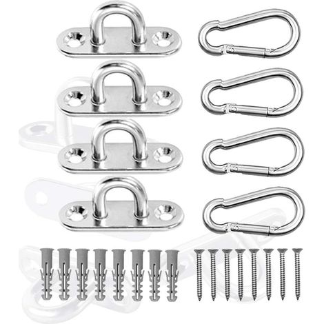 Kit de Crochet de Plafond Crochets Muraux 4 Plaques à Oeil en acier Inoxydable et 4 Mousquetons Utilisés pour Auvent, Cordes et Filets Décoratifs, équipement Extérieur Intérieur, etc (1/5)