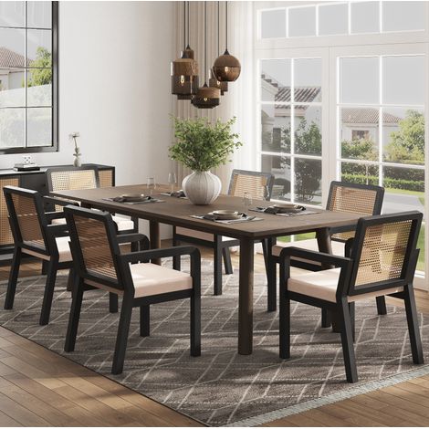 Sedia da pranzo in legno di caucciù nera, schienale in rattan PE e rivestimento in velluto, ergonomica, 56 x 57 x 83 cm (1/5)