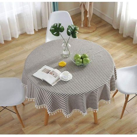 Nappe Ronde Japonaise, Tissu de Lin Couverture de Table Simple Nappe À Franges Rayée Décor de Table Géométrique Avec Glands Pour Table Ronde de Cuisine/B/150 × 150CM (1/4)