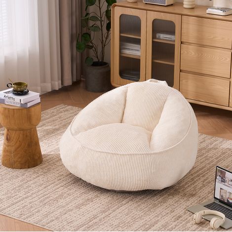 Pouf poire ergonomique en velours côtelé beige avec remplissage à mémoire de forme, dossier de soutien et usage salon, chambre ou lecture  CHICFURN (1/5)