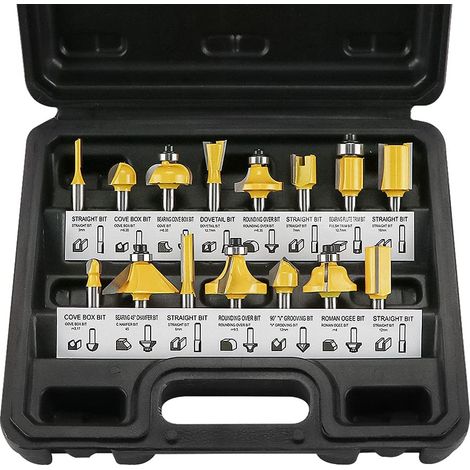 15tlg. Fräser Set für Oberfräsen, Mehrzweck Hartmetallfräser 6,35 mm (1/4 ") Schaft Fräsersatz Fräsersets für Holz Nuten, Schnitzen, Schneiden, Fräsen und Kantenbearbeitung (1/5)