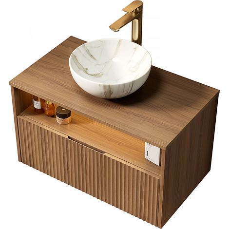 Meuble vasque suspendu 80 cm avec vasque blanche en céramique à motif pierre, meuble en contreplaqué rayé avec tiroir et étagère, éclairage à capteur, préassemblé, couleur veinage bois espresso
