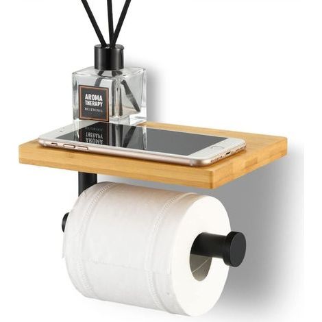 Porte Papier Toilette avec Etagère Bambou Salle de Bain Porte Rouleau en Pas de coups Acier Inoxydable Support Mural Noir Mat, BPH220BA-BK (Pas de coup de poing)-Ineasicer (1/4)