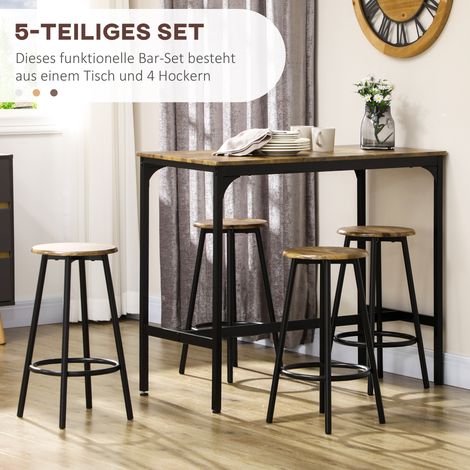 Ensemble de bar industriel 5 éléments avec table haute, 4 tabourets, coin salon et plan de travail de cuisine. Teinte noire et brune. (1/4)