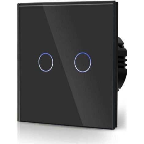 Interrupteur Tactile Normal Commutateur d'éclairage Mural Compatible avec la lumière LED Écran Tactile en Verre 110V-240V Plaque de Cristal Trempé avec Rétroéclairage Bouton 2 Gang 2 Voie Noir