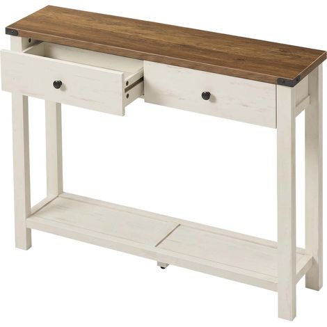 Table de Console, Table d'Entrée avec Tiroirs et Étagère Ouverte, 100 x 24 x 76 cm, Style Ferme, pour Salon, Chambre, Blanc Rustique et Marron Miel (1/5)