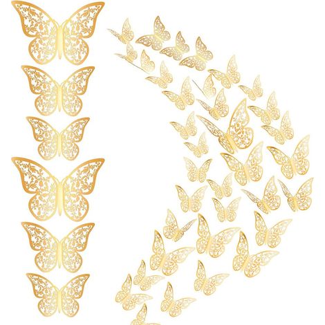 Lot de 36 autocollants muraux papillons creux dorés (1/5)