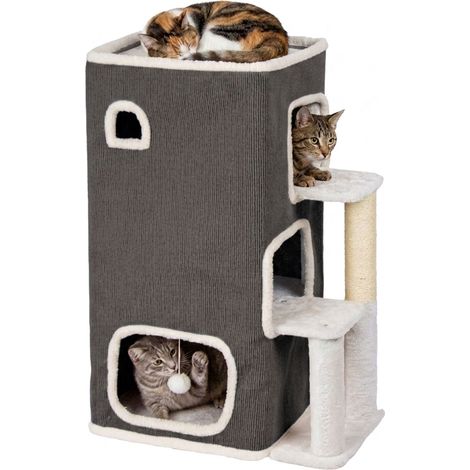 Cuccia per gatti a 3 livelli con palo in sisal e giocattolo - Grigio (1/5)
