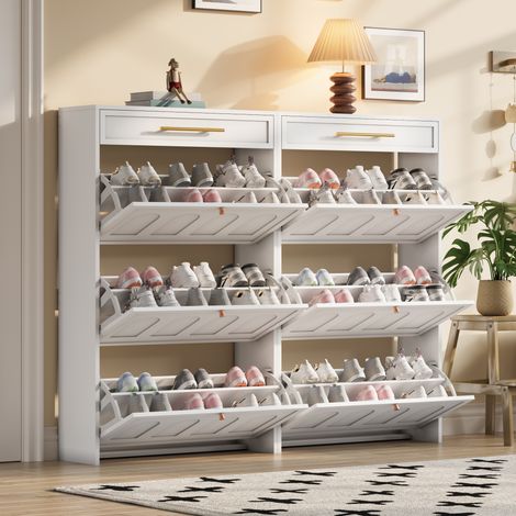 Set di 2 scarpiere con 12 scomparti e 2 cassetti, bianco, 140 x 25 x 125 cm (1/5)