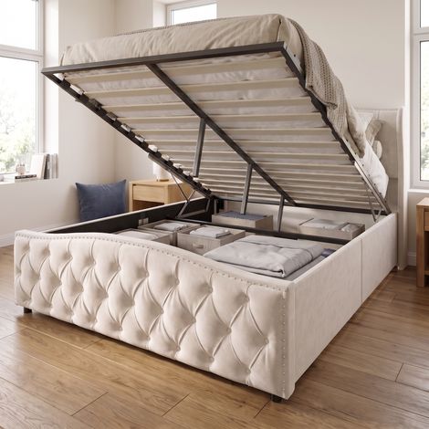 Lit coffre 160x200 cm en velours, lit double adulte avec sommier, rangement hydraulique, style élégant, Beige