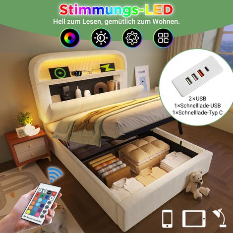 Lit capitonné 90x200 cm, sommier à lattes intégré, tête de lit réglable avec rangement, mécanisme hydraulique, éclairage LED et ports USB/Type-C, velours beige, matelas inclus, lit complet moderne. (1/5)
