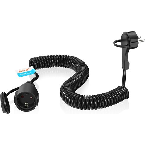 Rallonge de câble spiralé - 5 m - Contact de protection - Extensible de 5 m maximum - Fiche européenne IP44 - Câble spiralé - 3 x 1,0 mm² - Avec fiche Schuko extra plate - Noir (250 V/16 A) (1/5)