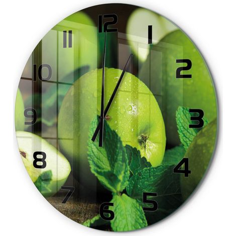 Horloge Murale Ronde Objet Décoratif en Verre Silencieuse pour Salon Pommes vertes fi 60 cm