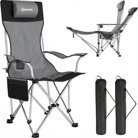 Lot de 2 chaises de camping pliante inclinable avec repose-pieds, sac de rangement, porte-gobelet et appui-tête, gris