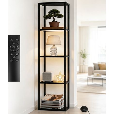 168cm Étagère Vitrée en Bois 3 Tablettes Verre Trempé Éclairage LED Dimmable 2700‑6500K Commande Lampe sur Pied Télécommande et Pédale Charge 15kg Vitrine en Verre pour Salon Entrée Chambre Bureau (1/5)