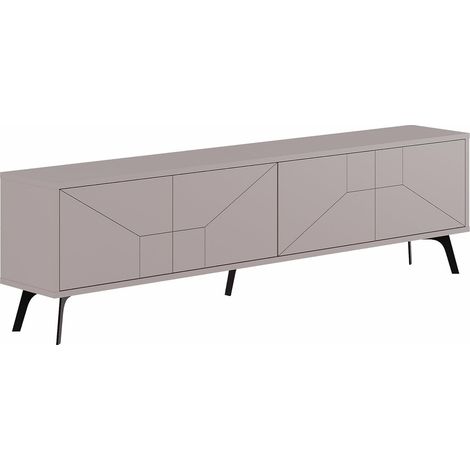 Cotecosy – Meuble TV 4 portes en bois mélaminé taupe – Motifs géométriques – Dimensions L 180 x H 29.6 x P 50 cm – Pieds en bois noir (1/5)