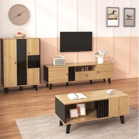 Conjunto de salón de 3 piezas con mesa de centro, mueble TV y aparador, madera y negro, LED (1/5)
