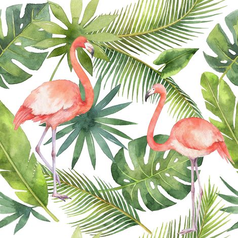 Papier peint panoramique tropical avec flamant rose Tapisserie panoramique verte & rose exotique Papier peint panoramique jungle & oiseaux (1/2)