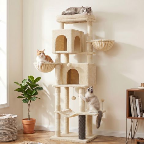 Grand Arbre à Chat 174 cm, 2 Paniers, 2 Niches, 5 Griffoirs, Toilettage Autonome, Hamac, Perchoir, Beige (1/5)