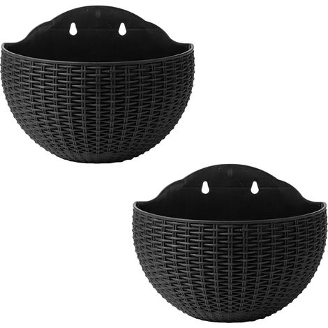 (2er-Set) Wandmontierte Blumentöpfe in Rattan-Optik für den Außenbereich, halbkreisförmig mit Abflussloch und Haken (1/5)