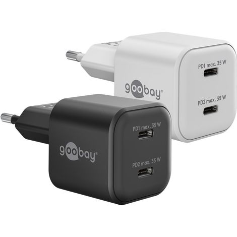 USB-C™ PD GaN Dual-Schnellladegerät Nano (35 W) weiß, 2x USB-C™-Anschluss (Power Delivery). Farbversion weiß