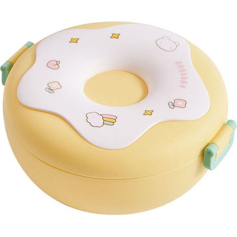 Fiambrera redonda tipo bento con tapa, tenedor y cuchara, recipiente de plástico térmico para el almuerzo, ideal para la oficina o la escuela, color amarillo. (1/4)